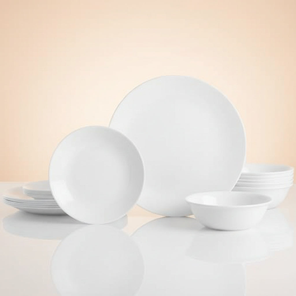 Corelle Vitrelle 18-Piece Service for 6 Dinnerware Set Triple Layer Glass and Chip Resistant, Lightweight Round Plates and Bowls Set, Winter Frost White|B00R790CLY