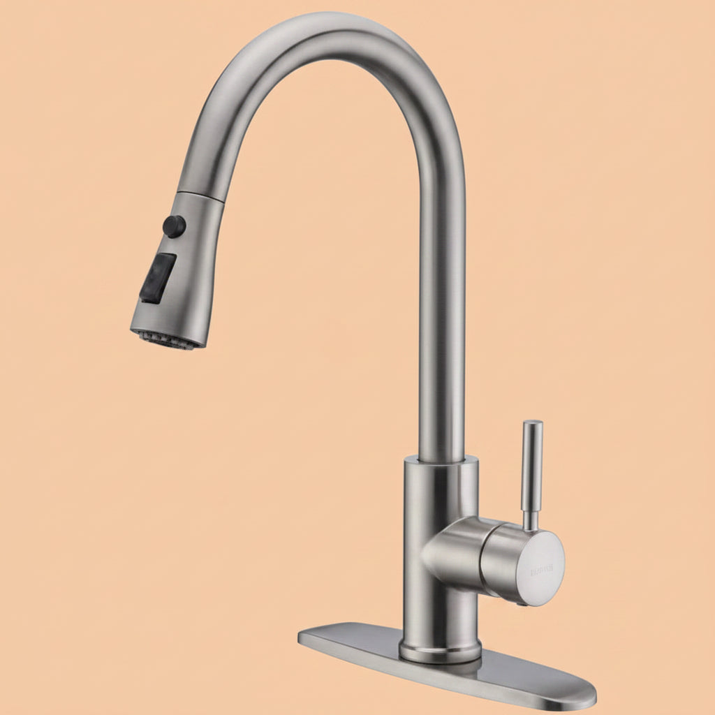 WEWE Single Handle High Arc Brushed Nickel Pull Out Kitchen Faucet,Single Level Stainless Steel Kitchen Sink Faucets with Pull Down Sprayer,Suitable for Laundry Rv Bar|B01H3OMH7Y