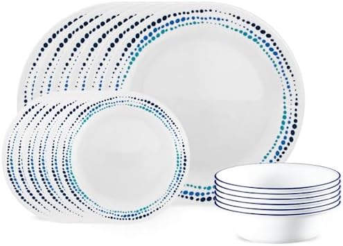 Corelle Vitrelle 18-Piece Service for 6 Dinnerware Set Triple Layer Glass and Chip Resistant, Lightweight Round Plates and Bowls Set, Winter Frost White|B00R790CLY