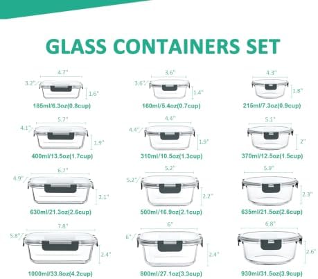 KOMUEE 24 Pieces Glass Food Storage Containers Set, Meal Prep Containers, BPA-Free Airtight Glass Storage Containers with lids,Freezer, Microwave and Oven Safe,Gray|B09QQGY1BW