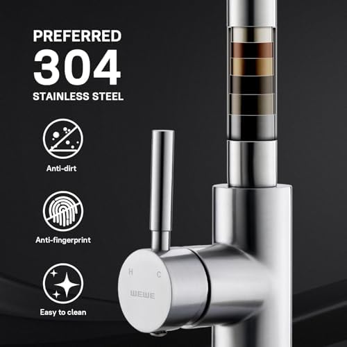 WEWE Single Handle High Arc Brushed Nickel Pull Out Kitchen Faucet,Single Level Stainless Steel Kitchen Sink Faucets with Pull Down Sprayer,Suitable for Laundry Rv Bar|B01H3OMH7Y