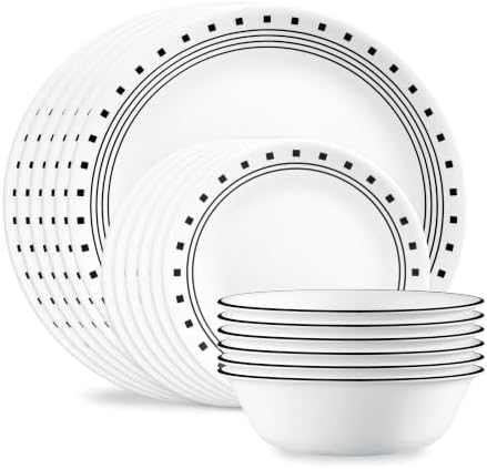 Corelle Vitrelle 18-Piece Service for 6 Dinnerware Set Triple Layer Glass and Chip Resistant, Lightweight Round Plates and Bowls Set, Winter Frost White|B00R790CLY