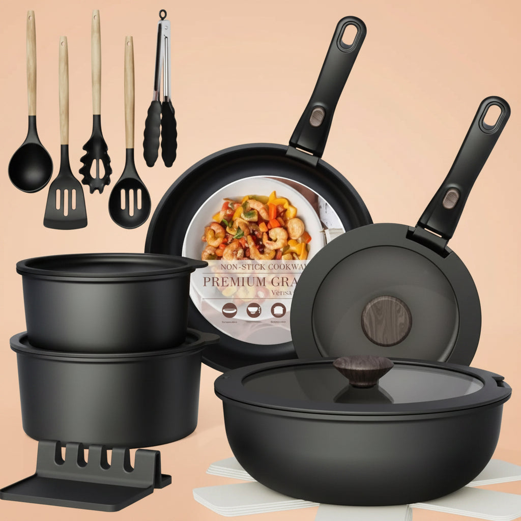 Astercook 21 Pcs Pots and Pans Set Non Stick, Ceramic Cookware Set Detachable Handle, RV Kitchen Cooking Set Removable Handles, Oven Safe, Induction Ready, Stackable, Black, Fathers Day Gift for Men|B0F2937DQQ