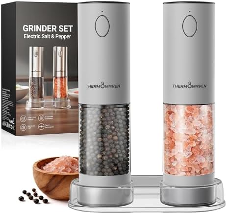ThermoMaven Upgraded Larger Capacity Electric Salt and Pepper Grinder Set, 110ml Rechargeable Salt and Pepper Shaker with LED Light, Stainless Steel Automatic Pepper Mill with 6 Adjustable Coarseness|B0D7Q7LNNY