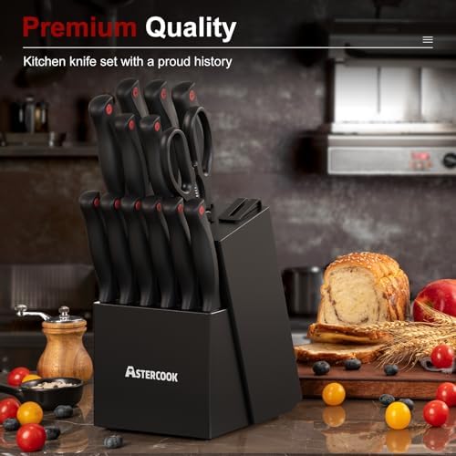 Astercook Knife Set for Kitchen with Block and Sharpener 15pcs German | Stainless Steel Kitchen Utensils Set Dishwasher Safe|B0C1YBPJ43