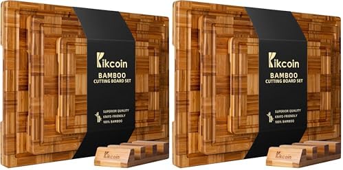Kikcoin Extra Large Bamboo Cutting Boards, (Set of 3) Chopping Boards with Juice Groove Bamboo Wood Cutting Board Set Butcher Block for Kitchen, End Grain Serving Tray|B089W55YNJ