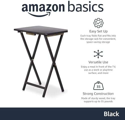 Amazon Basics Portable Foldable TV Tray Table with Storage Rack, Space-Saving Design, 15" x 19" x 26", Black, 4-Pack|B07MDJNF6R
