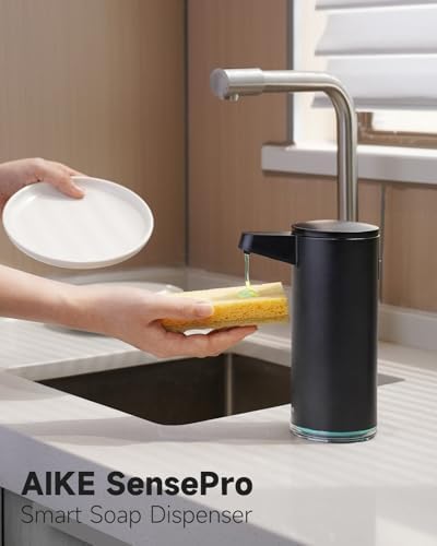 AIKE SensePro Automatic Soap Dispenser 12.8oz Spot Resist Matte Black | Type-C Charge with Months Long Standby Time, Adjustable 5 Levels Precise Dispense for Home Dish Soap and Hand Soap|B0DZNDTHYD