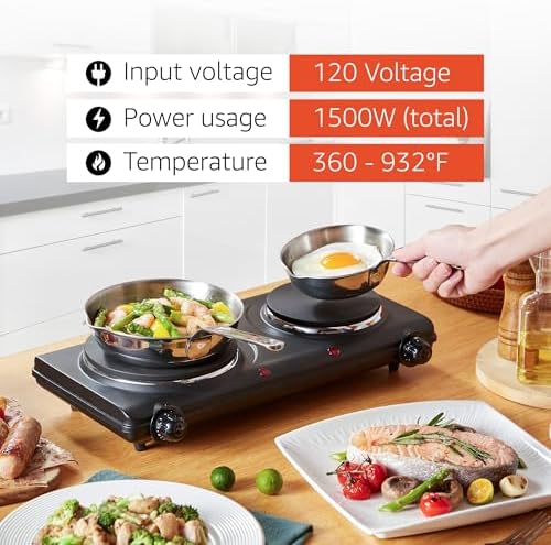 Elite Gourmet EDB-302BF# Double Cast Iron Burner, 1500W Hot Plate, Black | Adjustable temperature control, power indicator lights, easy-to-clean surface, countertop design|B09RX2WGD3