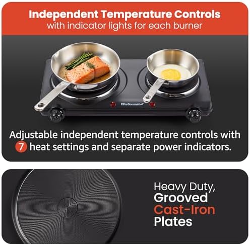 Elite Gourmet EDB-302BF# Double Cast Iron Burner, 1500W Hot Plate, Black | Adjustable temperature control, power indicator lights, easy-to-clean surface, countertop design|B09RX2WGD3