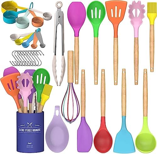 Umite Chef Kitchen Cooking Utensils Set, 33 pcs Non-Stick Silicone Cooking Kitchen Utensils Spatula Set with Holder, Wooden Handle Silicone Kitchen Gadgets Utensil Set (Khaki)|B08573DQ39