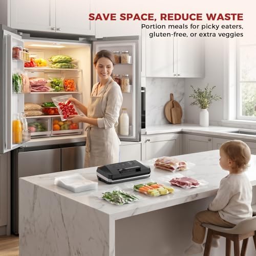 Vacuum Sealer Machine, Upgraded 230W 95KPa 10-in-1 Food Sealer with Double Heat Seal for Dry Moist Food, Easy-Lock Handle, Hose, Built-in Cutter and Bag Storage + Bags (1 Roll + 10 Pre-cut)|B0H1CR8WDQ