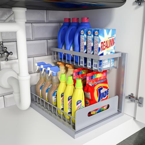 REALINN Under Sink Organizer, Pull Out Cabinet Organizer, 2 Tier Metal Slide Out Shelf with L Shaped Design for Kitchen, Bathroom, Laundry, and Utility Cabinet Storage for Deep Cabinets, White, 2 Pack|B0CFQFMC4F