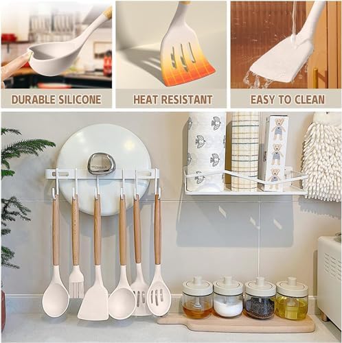 Umite Chef Kitchen Cooking Utensils Set, 33 pcs Non-Stick Silicone Cooking Kitchen Utensils Spatula Set with Holder, Wooden Handle Silicone Kitchen Gadgets Utensil Set (Khaki)|B08573DQ39