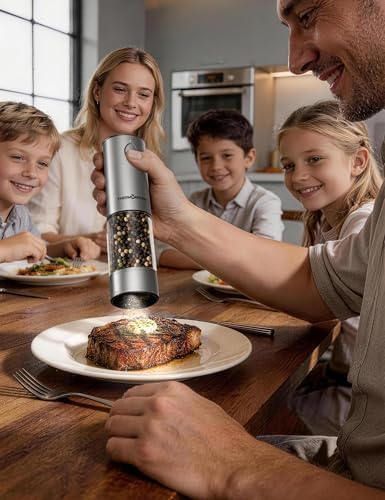 ThermoMaven Upgraded Larger Capacity Electric Salt and Pepper Grinder Set, 110ml Rechargeable Salt and Pepper Shaker with LED Light, Stainless Steel Automatic Pepper Mill with 6 Adjustable Coarseness|B0D7Q7LNNY
