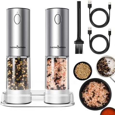ThermoMaven Upgraded Larger Capacity Electric Salt and Pepper Grinder Set, 110ml Rechargeable Salt and Pepper Shaker with LED Light, Stainless Steel Automatic Pepper Mill with 6 Adjustable Coarseness|B0D7Q7LNNY
