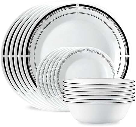 Corelle Vitrelle 18-Piece Service for 6 Dinnerware Set Triple Layer Glass and Chip Resistant, Lightweight Round Plates and Bowls Set, Winter Frost White|B00R790CLY