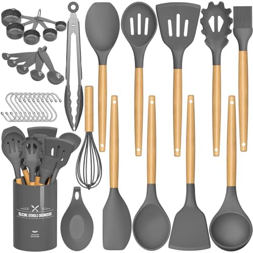 Umite Chef Kitchen Cooking Utensils Set, 33 pcs Non-Stick Silicone Cooking Kitchen Utensils Spatula Set with Holder, Wooden Handle Silicone Kitchen Gadgets Utensil Set (Khaki)|B08573DQ39