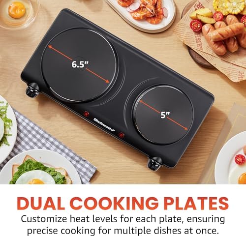 Elite Gourmet EDB-302BF# Double Cast Iron Burner, 1500W Hot Plate, Black | Adjustable temperature control, power indicator lights, easy-to-clean surface, countertop design|B09RX2WGD3