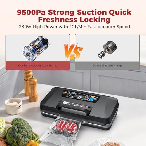 Vacuum Sealer Machine, Upgraded 230W 95KPa 10-in-1 Food Sealer with Double Heat Seal for Dry Moist Food, Easy-Lock Handle, Hose, Built-in Cutter and Bag Storage + Bags (1 Roll + 10 Pre-cut)|B0H1CR8WDQ