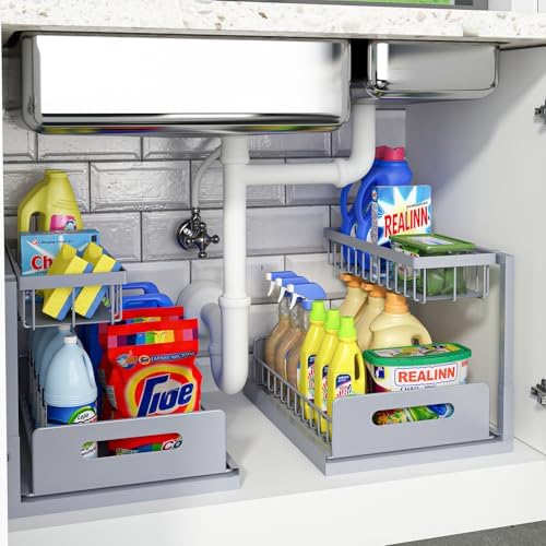 REALINN Under Sink Organizer, Pull Out Cabinet Organizer, 2 Tier Metal Slide Out Shelf with L Shaped Design for Kitchen, Bathroom, Laundry, and Utility Cabinet Storage for Deep Cabinets, White, 2 Pack|B0CFQFMC4F