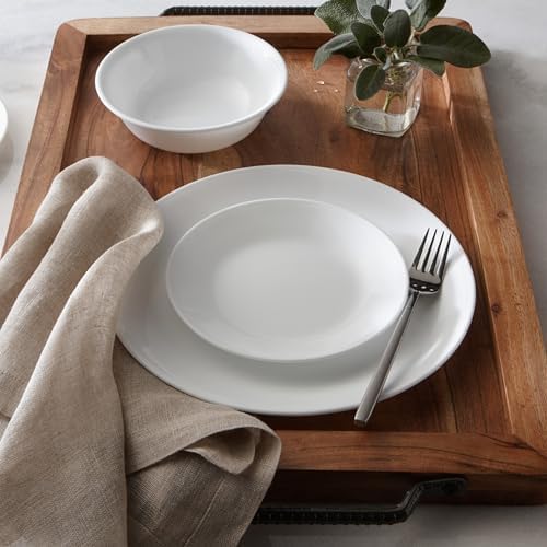 Corelle Vitrelle 18-Piece Service for 6 Dinnerware Set Triple Layer Glass and Chip Resistant, Lightweight Round Plates and Bowls Set, Winter Frost White|B00R790CLY
