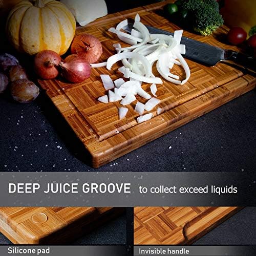 Kikcoin Extra Large Bamboo Cutting Boards, (Set of 3) Chopping Boards with Juice Groove Bamboo Wood Cutting Board Set Butcher Block for Kitchen, End Grain Serving Tray|B089W55YNJ