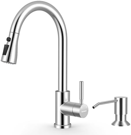 WEWE Single Handle High Arc Brushed Nickel Pull Out Kitchen Faucet,Single Level Stainless Steel Kitchen Sink Faucets with Pull Down Sprayer,Suitable for Laundry Rv Bar|B01H3OMH7Y