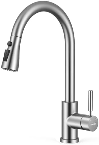 WEWE Single Handle High Arc Brushed Nickel Pull Out Kitchen Faucet,Single Level Stainless Steel Kitchen Sink Faucets with Pull Down Sprayer,Suitable for Laundry Rv Bar|B01H3OMH7Y