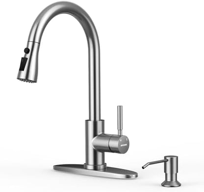 WEWE Single Handle High Arc Brushed Nickel Pull Out Kitchen Faucet,Single Level Stainless Steel Kitchen Sink Faucets with Pull Down Sprayer,Suitable for Laundry Rv Bar|B01H3OMH7Y