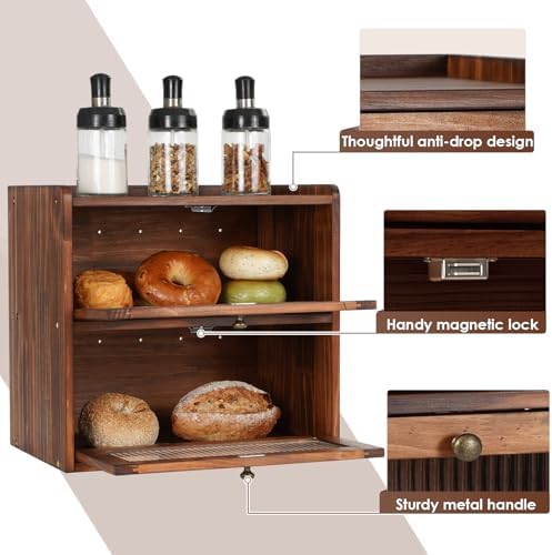 Sunhoo Bread Box for Kitchen Countertop Wooden Bread Storage Container Bin 2 Layer Breadbox Holder Large Capacity Keeper Vintage Farmhouse Food Organizer Pantry Shelf Acrylic Window (Brown)|B0CGZPR3X9