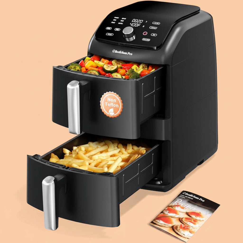 12QT Large Double Air Fryer, Family-Size Dual Airfryer with 2 Baskets, SyncHeat Even Heating, Stacked Compact Design, Smart Finish & Match Cook, PFAS-Free Nonstick, Dishwasher-Safe, Black|B0GYZ1GYXN