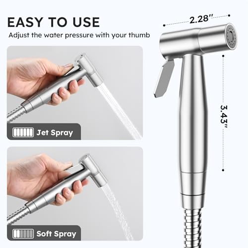 Arofa Handheld Bidet Sprayer, Bidet Attachment for Toilet, Brushed Nickel | Adjustabel Water Flow, Leak-Free Hose, 7/8" T-valve, Fits Two-Piece Toilet, Feminine/Baby Wash, Easy Install, Stainless Steel|B086W1YZSH