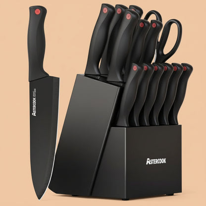 Astercook Knife Set for Kitchen with Block and Sharpener 15pcs German | Stainless Steel Kitchen Utensils Set Dishwasher Safe|B0C1YBPJ43
