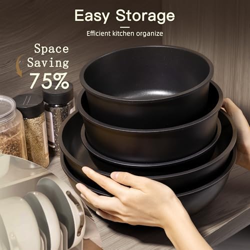 Astercook 21 Pcs Pots and Pans Set Non Stick, Ceramic Cookware Set Detachable Handle, RV Kitchen Cooking Set Removable Handles, Oven Safe, Induction Ready, Stackable, Black, Fathers Day Gift for Men|B0F2937DQQ