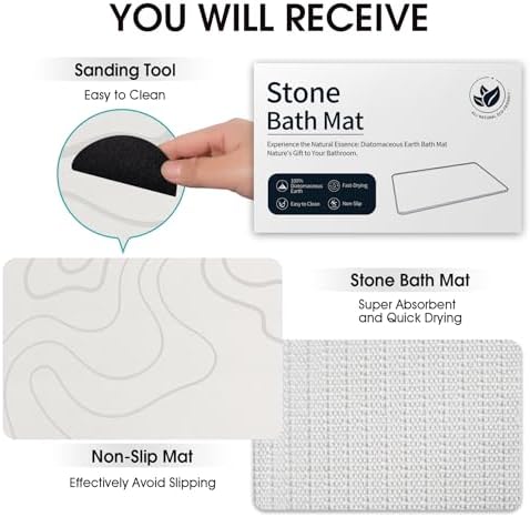 ZIKIBL Stone Bath Mat Diatomaceous Earth Shower Mat Non-Slip Super Absorbent Diatomite Stone Mats for Bathroom Floor/Ktichen Cuonter Quick-Drying Easy to Clean (24''*16''White)|B0DXKDRK27