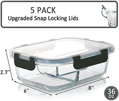 M MCIRCO [5-Pack, 36 oz] Glass Meal Prep Containers 3 Compartment with Lids, Glass Lunch Containers,Food Prep Lunch Box,Bento Box,Microwave, Oven, Freezer, Dishwasher (4.5 Cups)|B07N2BPQC3
