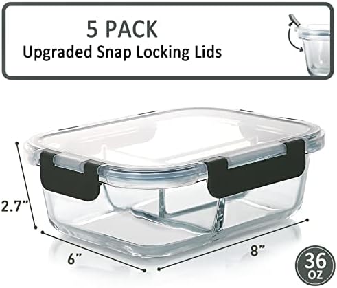 M MCIRCO [5-Pack, 36 oz] Glass Meal Prep Containers 3 Compartment with Lids, Glass Lunch Containers,Food Prep Lunch Box,Bento Box,Microwave, Oven, Freezer, Dishwasher (4.5 Cups)|B07N2BPQC3