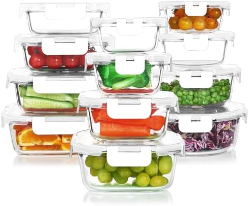 KOMUEE 24 Pieces Glass Food Storage Containers Set, Meal Prep Containers, BPA-Free Airtight Glass Storage Containers with lids,Freezer, Microwave and Oven Safe,Gray|B09QQGY1BW
