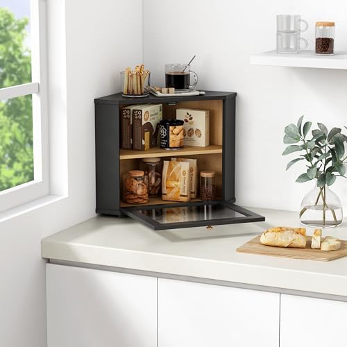 Goozii Corner Bread Box for Kitchen Countertop, Black Bread Storage Container for Homemade Bread, Two Layer Breadbox under Cabinet Mount, Large Bread Holder for Kitchen Counter, Pantry Shelf|B0CP3L9TZW