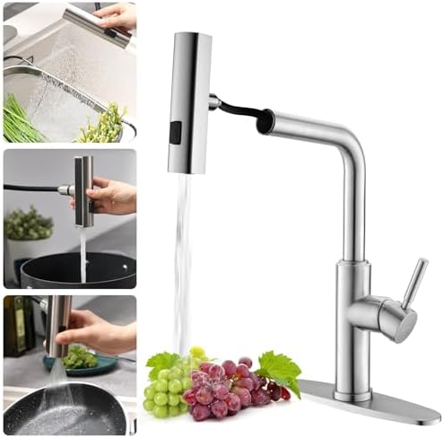 WEWE Single Handle High Arc Brushed Nickel Pull Out Kitchen Faucet,Single Level Stainless Steel Kitchen Sink Faucets with Pull Down Sprayer,Suitable for Laundry Rv Bar|B01H3OMH7Y