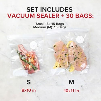 Chef Preserve Compact Vacuum Sealer for Food (Vacuum Sealer Machine + 30 Reusable Vacuum Bags) Powerful Handheld Vacuum Sealer Machine, Seal Meal Saver, Portable Food Sealer|B0D3ZBFMW6
