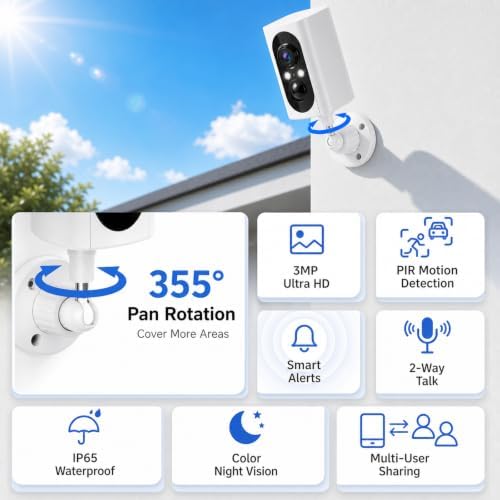 2K Security Cameras Wireless Outdoor, 355° Pan Rotate, Battery Powered, Color Night Vision WiFi Cameras, AI Motion Detection, Cloud/SD Storage, IP65, Alert & Alarm, Cameras for Home Security, 2 Pack | Motion Detect& Record& Alert, SD/Cloud Storage, Color Night Vision, 2-Way Talk, 2.4G WiFi, IP65 Waterproof, Indoor& Outdoor|B0H36KRKPH