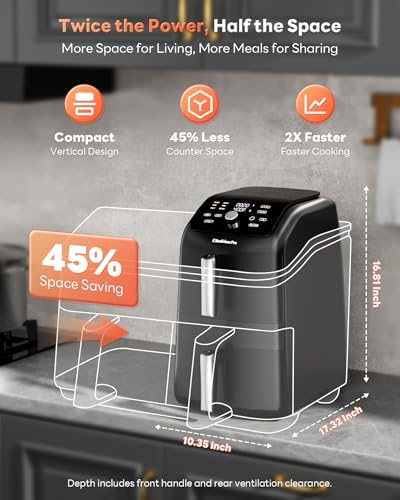 12QT Large Double Air Fryer, Family-Size Dual Airfryer with 2 Baskets, SyncHeat Even Heating, Stacked Compact Design, Smart Finish & Match Cook, PFAS-Free Nonstick, Dishwasher-Safe, Black|B0GYZ1GYXN