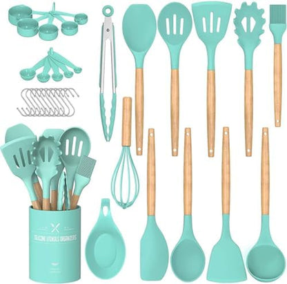 Umite Chef Kitchen Cooking Utensils Set, 33 pcs Non-Stick Silicone Cooking Kitchen Utensils Spatula Set with Holder, Wooden Handle Silicone Kitchen Gadgets Utensil Set (Khaki)|B08573DQ39