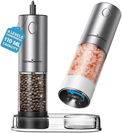ThermoMaven Upgraded Larger Capacity Electric Salt and Pepper Grinder Set, 110ml Rechargeable Salt and Pepper Shaker with LED Light, Stainless Steel Automatic Pepper Mill with 6 Adjustable Coarseness|B0D7Q7LNNY