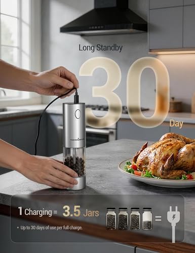 ThermoMaven Upgraded Larger Capacity Electric Salt and Pepper Grinder Set, 110ml Rechargeable Salt and Pepper Shaker with LED Light, Stainless Steel Automatic Pepper Mill with 6 Adjustable Coarseness|B0D7Q7LNNY