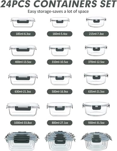 VERONES 12 Packs Glass Food Storage Containers Set, Airtight Glass Lunch Containers, Glass Meal Prep Containers with Lids,Exclusive of BPA, for Microwave, Oven, Freezer & Dishwasher Friendly,Grey|B0BZS66X6R