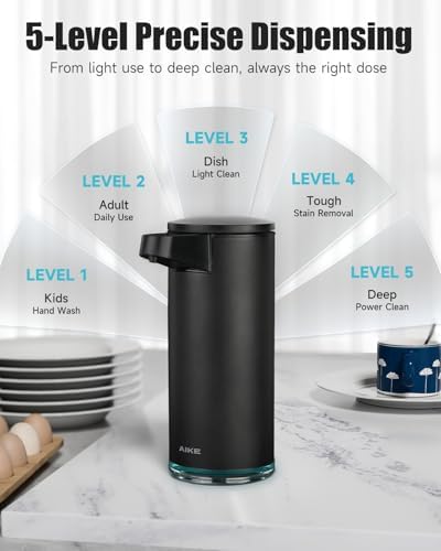AIKE SensePro Automatic Soap Dispenser 12.8oz Spot Resist Matte Black | Type-C Charge with Months Long Standby Time, Adjustable 5 Levels Precise Dispense for Home Dish Soap and Hand Soap|B0DZNDTHYD