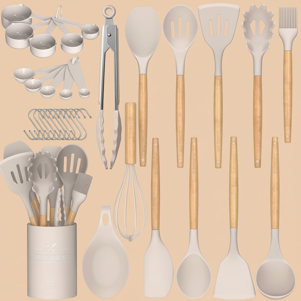 Umite Chef Kitchen Cooking Utensils Set, 33 pcs Non-Stick Silicone Cooking Kitchen Utensils Spatula Set with Holder, Wooden Handle Silicone Kitchen Gadgets Utensil Set (Khaki)|B08573DQ39